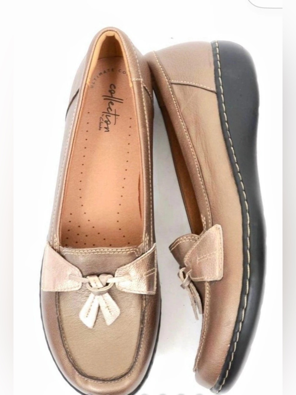 Clarks Metallic Bronze Copper Loafers Women’s 8 Leather Bow Detail Slip On Flats